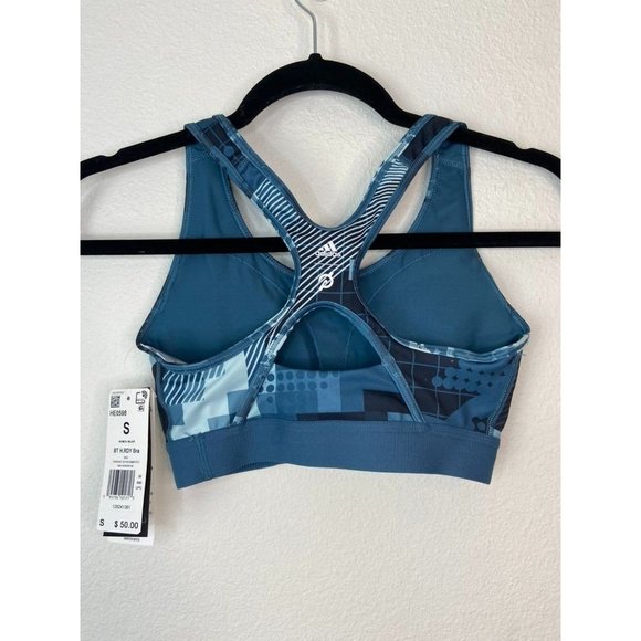 Peloton Adidas women's small NWT racer back teal blue sports bra medium support - Picture 2 of 5